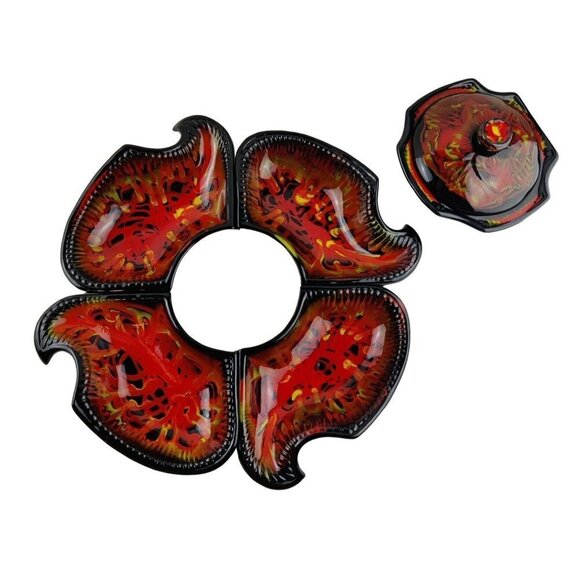MCM Relish Platter/Dish 5Parts Red/Orange Black Multi Color 50/60"s Calf Pottery - Picture 12 of 12